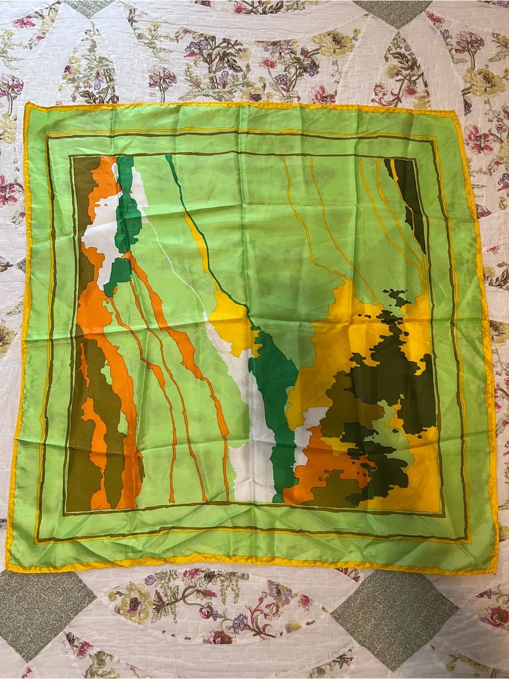 Vintage 1973 Totes Rain Scarf Abstract Retro Psychedelic Lime Green Yellow ~26"